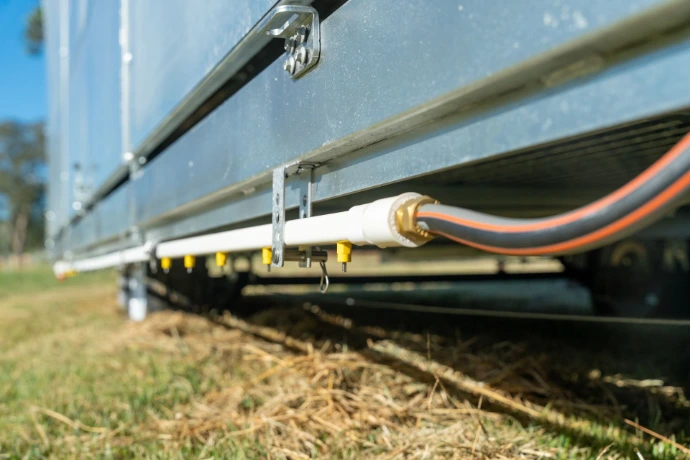 Nipple drinker system on the Chicken Caravan 450 to provide clean water to the hens on the Chicken Caravan 450