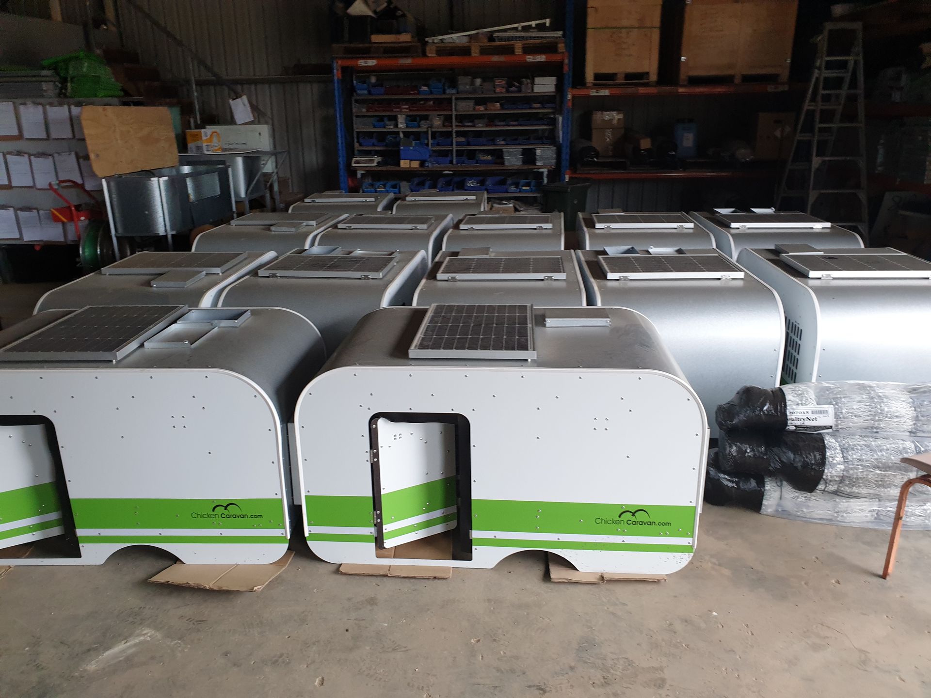 Chicken Caravan 10s waiting patiently to be packaged up Chicken Caravan 10s all lined up in workshop awaiting to be packed up and shipped out
