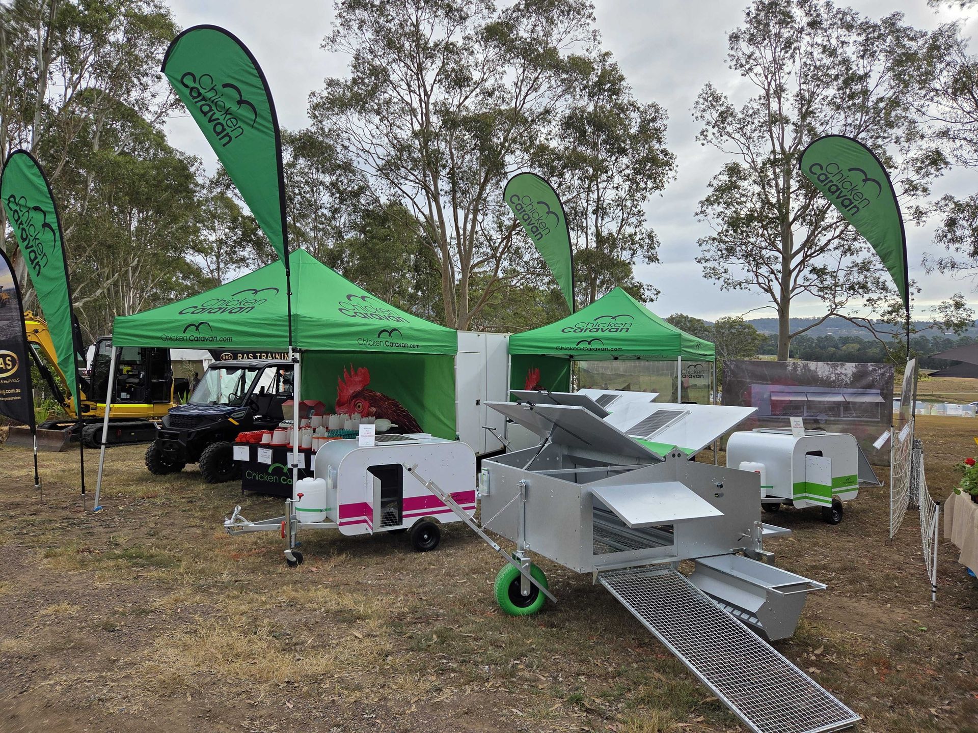 Set up for a field day Chicken Caravan all set up at field day with products to display including Chicken Caravan 30 and 10