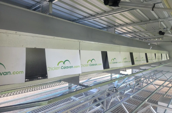 Truss Hung and mounted Nesting box system Chicken Caravan, nesting bays with privacy flaps